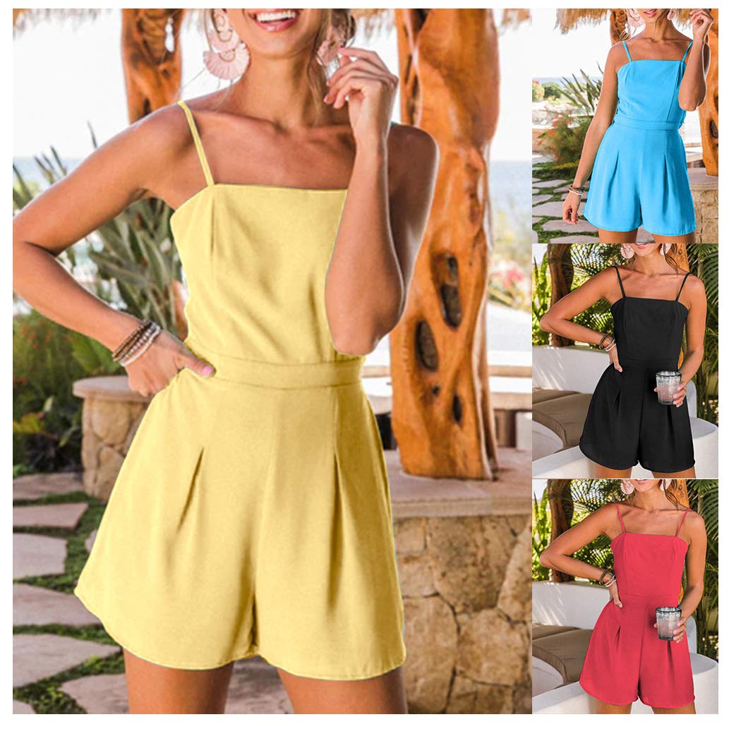 Women\'s Cute Knot Spaghetti Strap Solid Color Chiffon Sleeveless Short Pants Romper Jumpsuit Yellow M