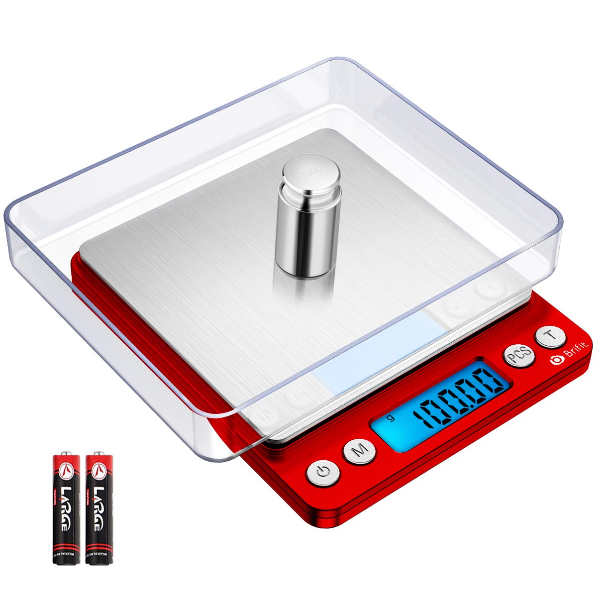Brifit Pocket Scale, 500g x 0.01g High Precision Scale with 100g Weight, Mini Kitchen Scale with Backlit, 2 Trays, Jewelry Scale with Tare and PCS Function, Stainless Steel, Battery Included (Red)