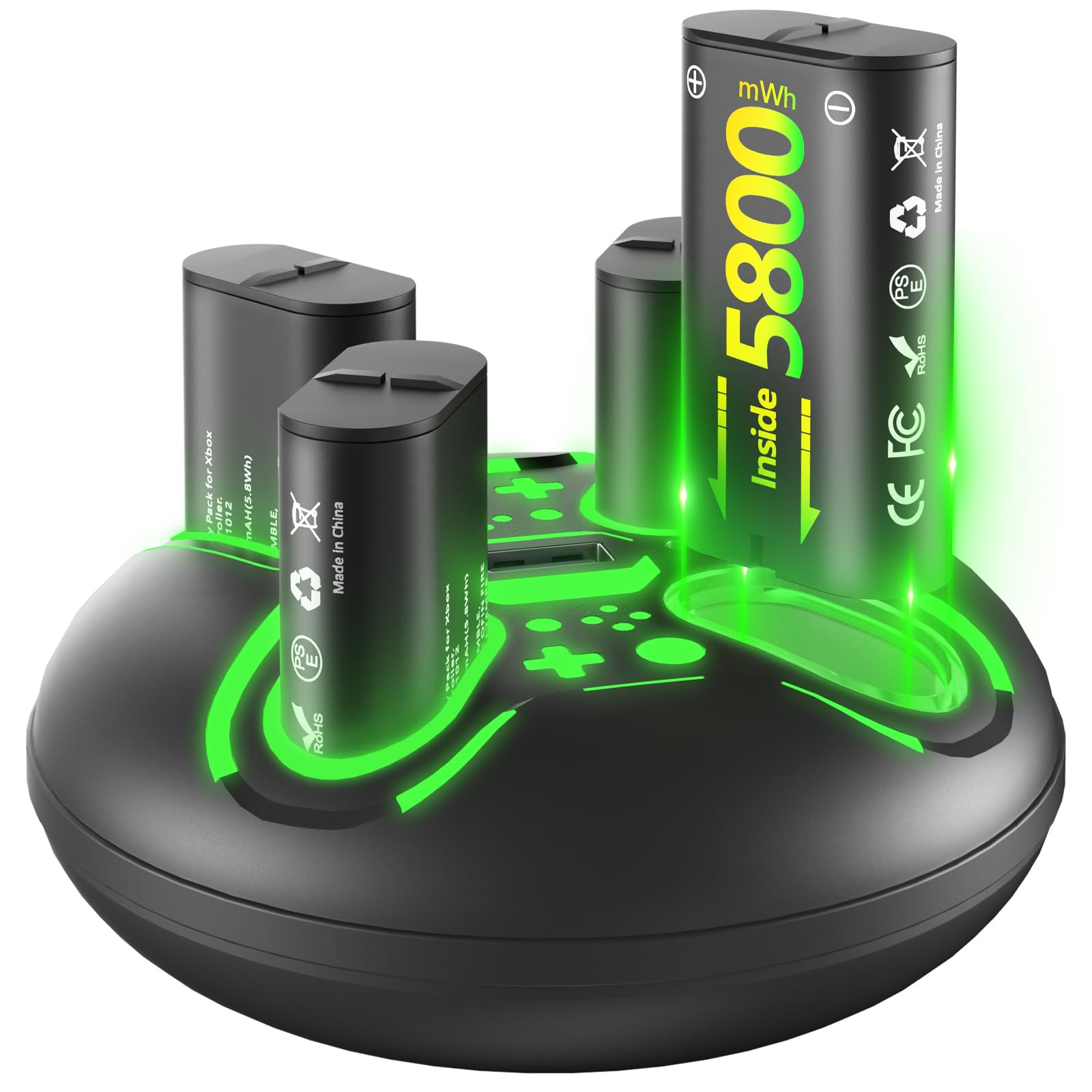 Shirble Xbox Controller Battery Pack (4x5800mWH) 28H Playtime, 3H Fast Charge & Over-Charge Protection Rechargeable Batteries Charger Station Compatible with Xbox Series X/S/One S/X/Elite Controllers