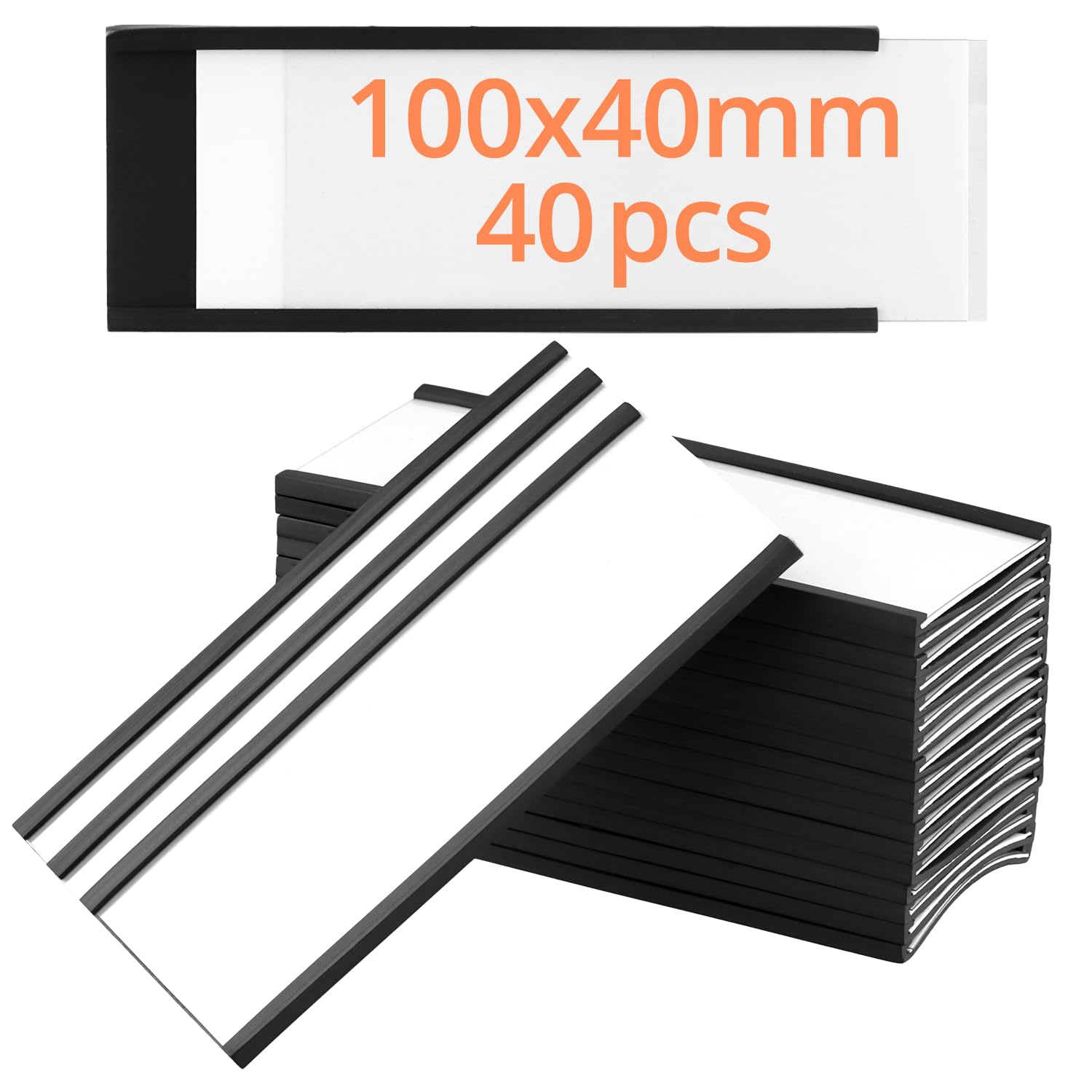 QWORK® 40 Pack Magnetic Label Holder - 40mm x 100mm - Reusable & Weatherproof with Protective Film - Magnetic Name Tags for Metal Shelf Locker Whiteboard