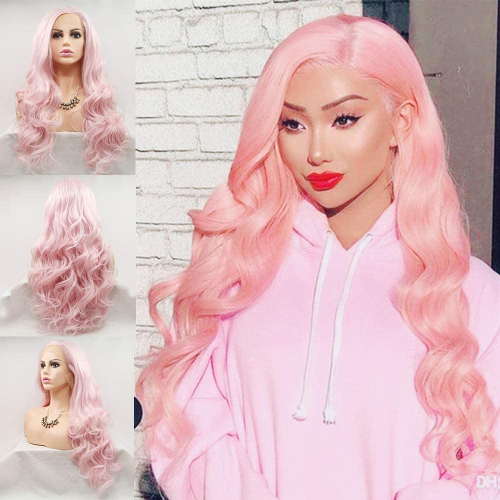 Pink Wig Lace Front Wigs for Women Long Curly Wavy Pastel Peach Pink Real Hair Wigs Coloured Glueless Synthetic Lace Front Wig Pre Plucked Hairline Heat Resistant Cosplay Drag Queen 24Inch — image 1
