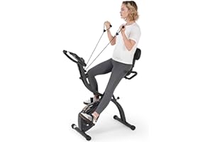 BODIOO Folding Exercise Bike Stationary Bike Recumbent Exercise bike with 10 Level Adjustable Magentic Resistance and Arm Resistance Band LCD Display Support Backrest Wide Seat 300LB Capacity for Home Workout