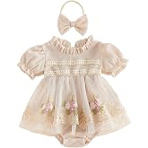 Geogenry Newborn Infant Baby Girl Summer Clothes Tulle Romper Dress Outfits | Frill Neck Floral Layered Tulle Romper,Dress Bow Headband Set,Girl Outfit,Newborn Baby Girl Dress,Girl's Dresses,Bubble Dress