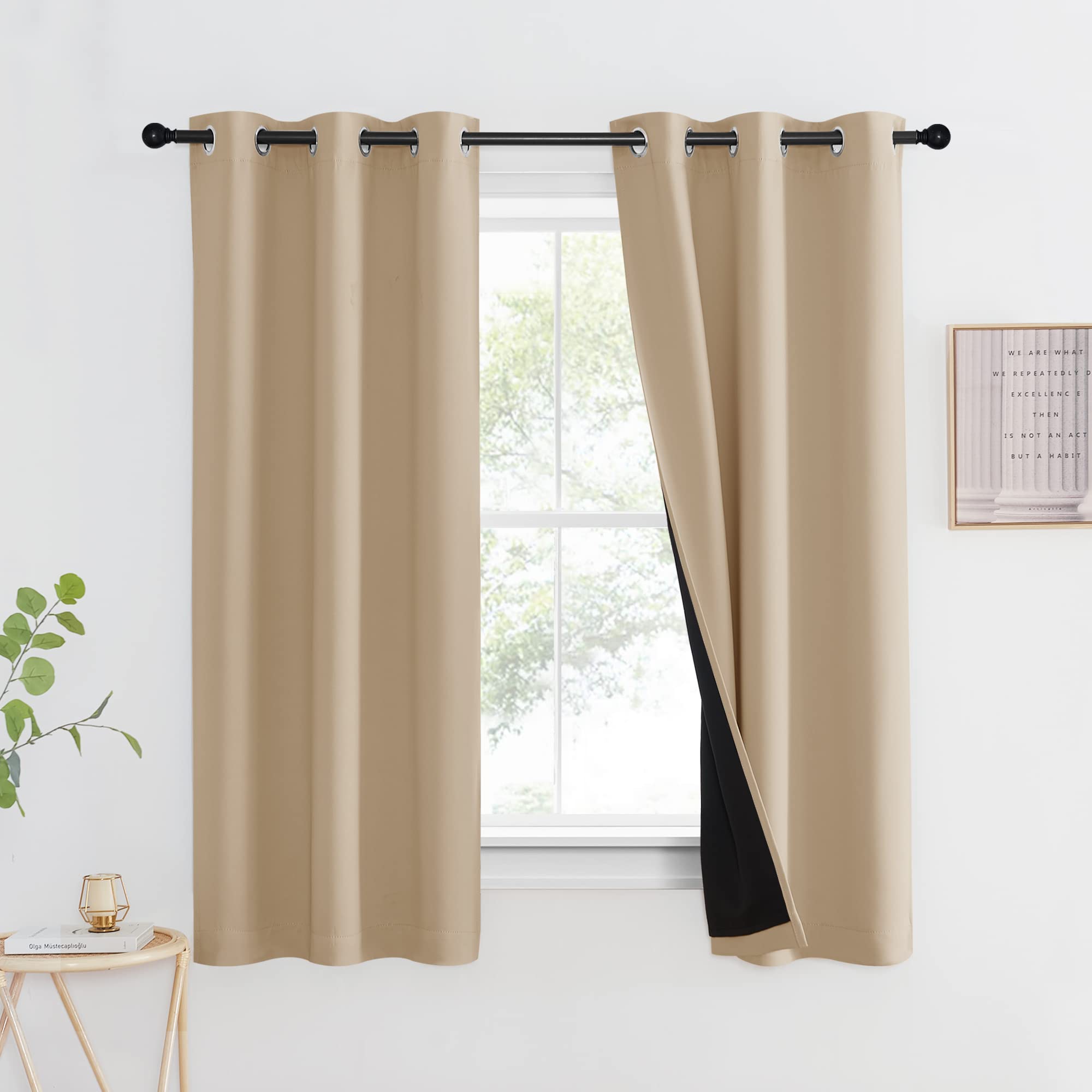 Photo 1 of NICETOWN Room Warming Curtain, Bedroom Full Blackout Panel, Super Thick Insulated Window Cover, Complete Blackout Drapery with Black Liner for Short Window(Biscotti Beige, 1 PC, 42 by 63-inch)