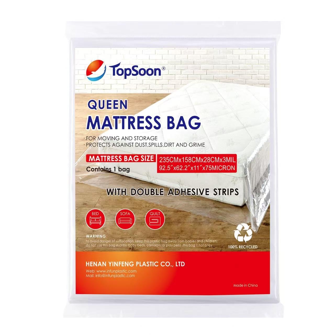 TopSoon Queen Mattress Bags, Heavy Duty Queen Size Mattress Cover for Moving House & Self Store - Plastic Mattress Storage Bag Protector - Strong, Reusable, Tearproof(3mil, 92.5" x 62.2" x 11")