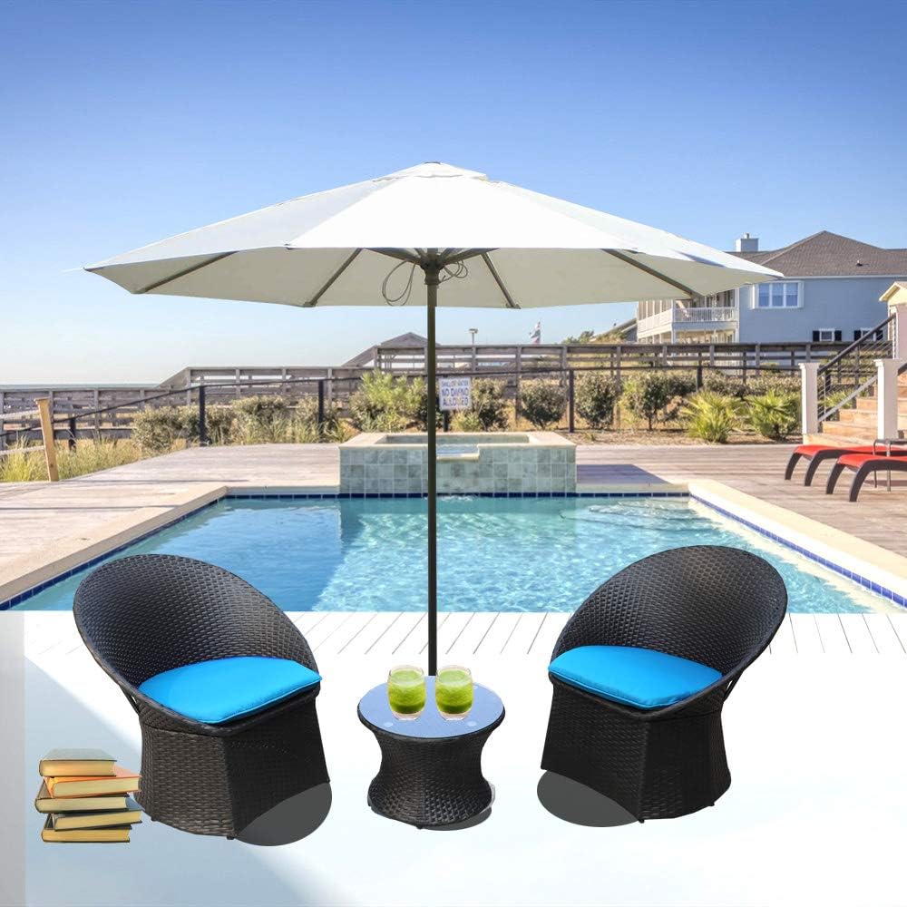 JETIME Rattan Couch Outdoor 3pcs Bistro Set Indoor Garden Patio Wicker Furniture Chairs and Table Set Cushioned Seat with Turquoise Cushion