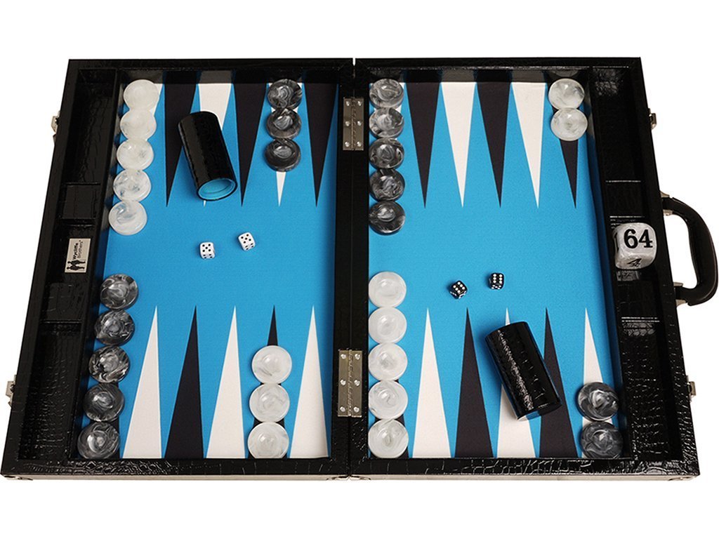 Wycliffe Brothers 21" Tournament Backgammon Set - Black Croco Board with Blue Field - Gen III