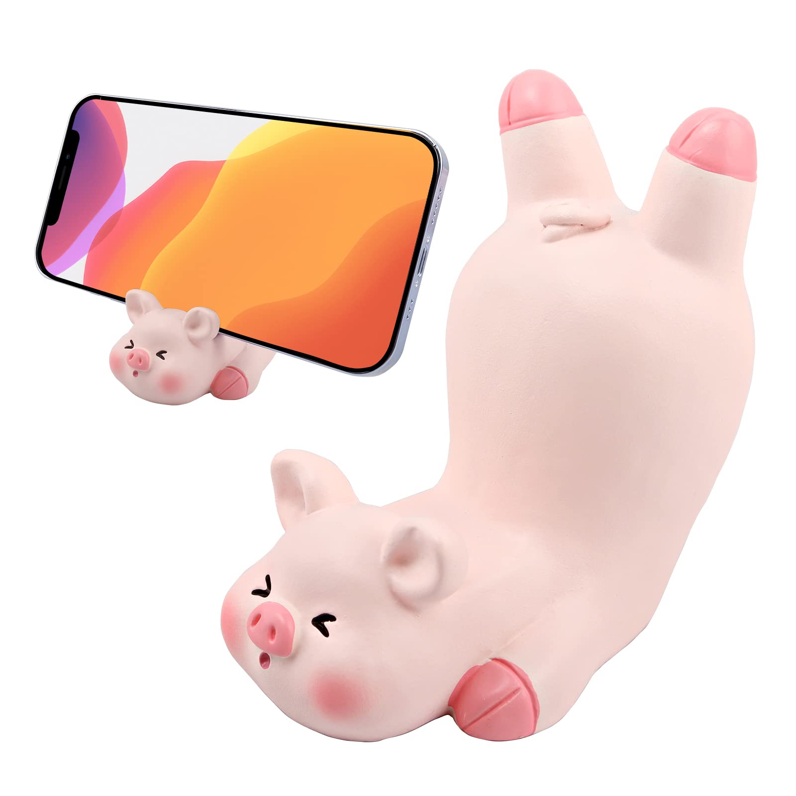 Seninda Cute Pink Pig Phone Stand, Pig Phone Holder with Raised Back Legs Design, Resin Animal Desk Accessory for Desk or Bedside