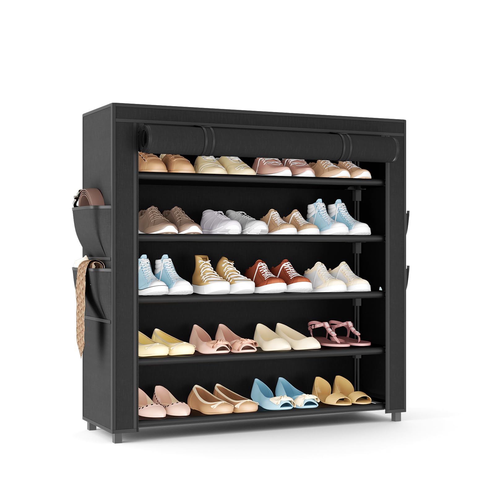 LANTEFUL Shoe Rack with Covers 5 Tier Tall Shoe Rack Organizer Large Capacity Shoe Shelf Storage 20-24 Pairs Space Saving Free Standing Shoe Storage Organizer for Closet, Entryway, Dorm, Black