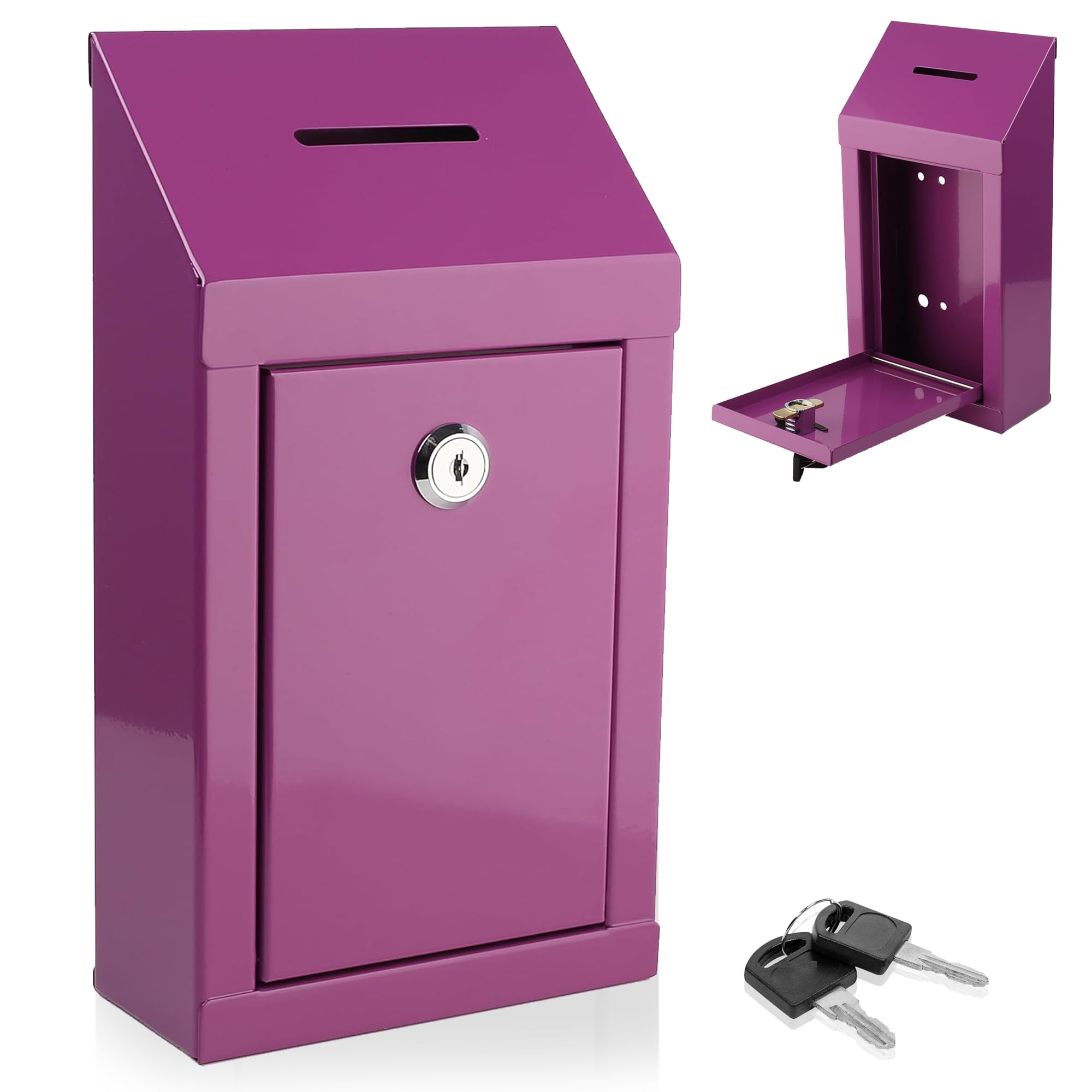 Metal Donation Box-Suggestion Box with Slot and lock-Cash Lock box for Money-Secure Drop Box-Comment and ballot voting box-comes with pre-drilled holes for easy wall mounting 10 X 6 X 2.5" (Purple) — image 1