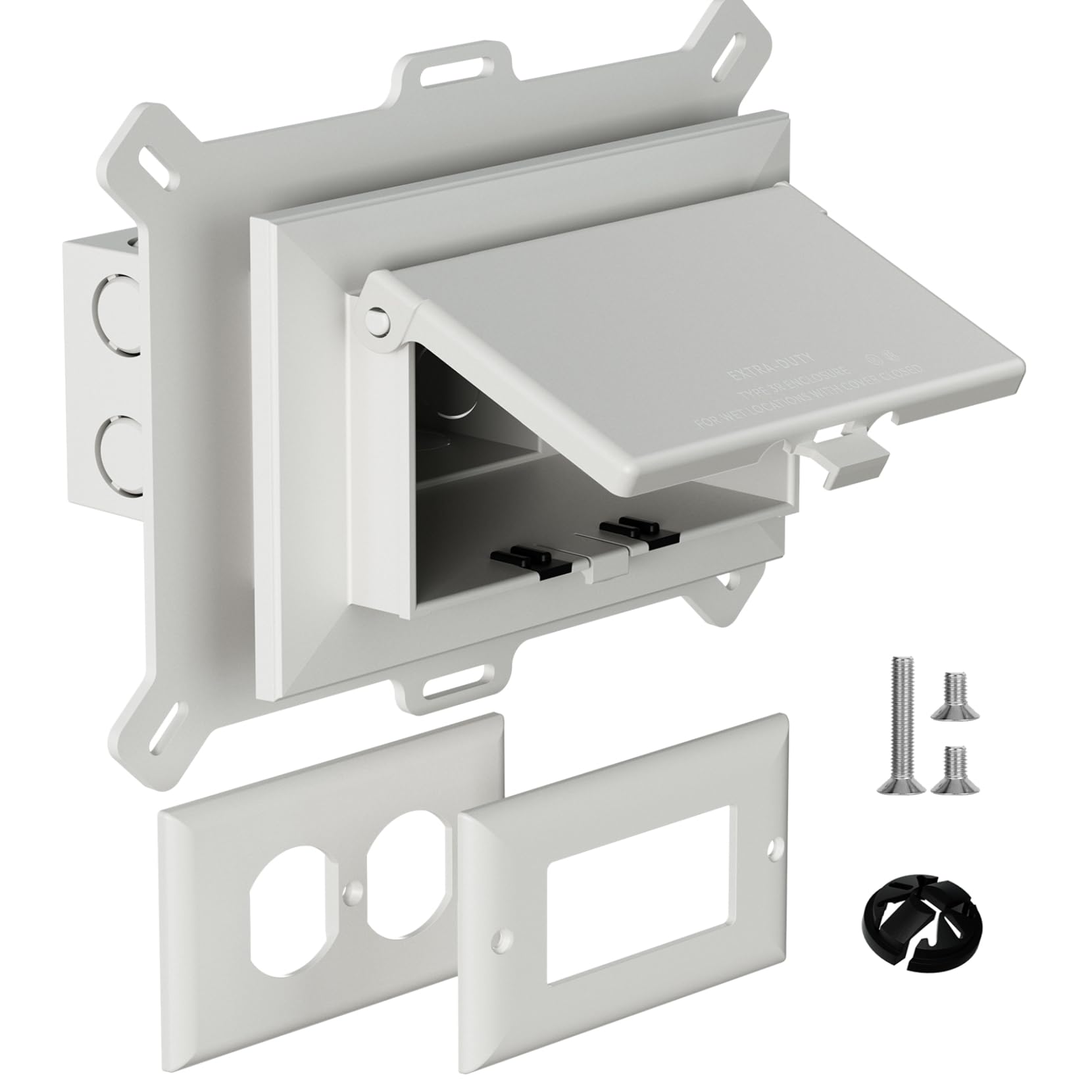 Photo 1 of Recessed Outlet Box, DBHS1W-1 Low Profile Electrical Outlet Boxes, Wall Plate Kit for New Vinyl Siding, Enclosed Weatherproof Pack with Duplex & Decorator Style Covers, 1-Gang, Horizontal, White