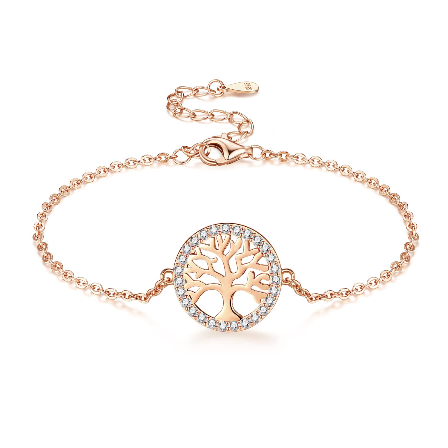 Jrêveinfini Tree of Life Bracelet for Women Girls Rose Gold Sterling Silver 925 Sister Best Friendship Bracelet Charms Personalised Adjustable Granddaughter Auntie Protection Bracelet Mum Sister