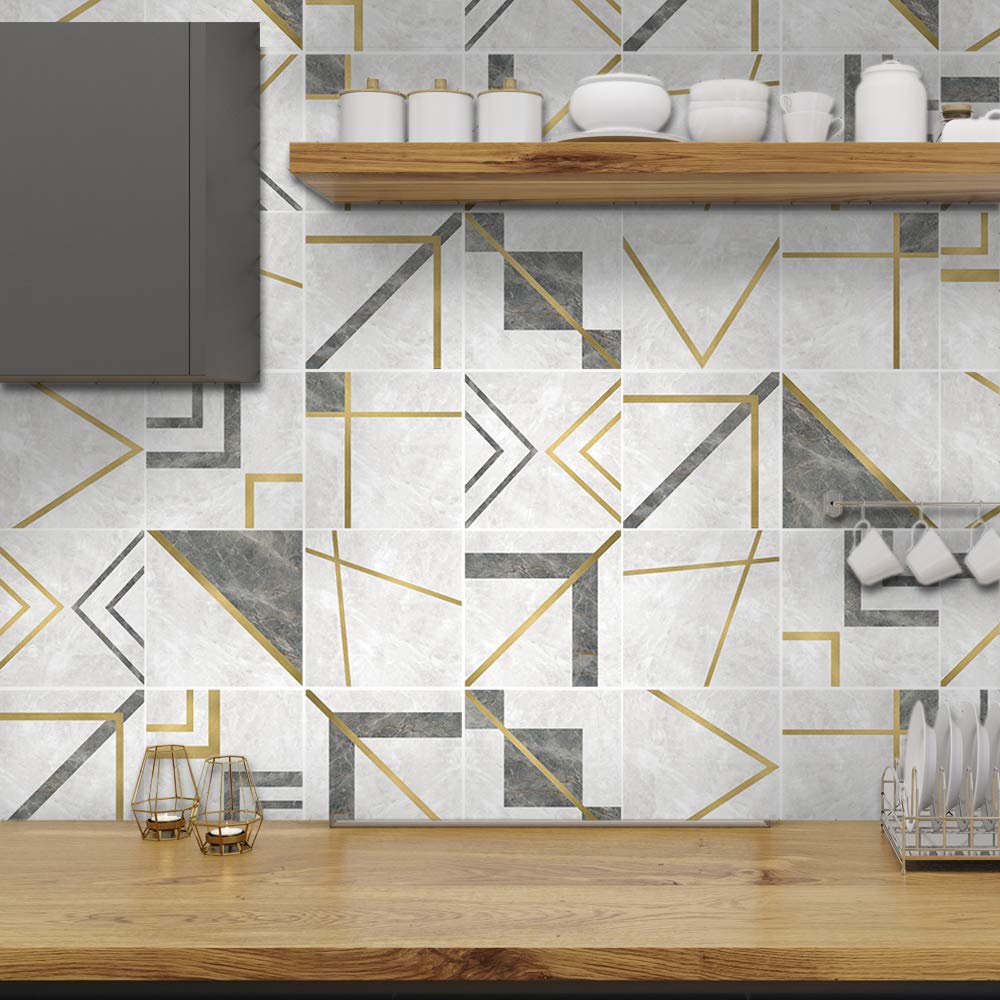 Floor Wall Tile Transfers Sticker for Home Decor, Peel & Stick self-Adhesive splashback, Tile Decals for Living Room Kitchen Bathroom Decor,20X20cmX 10 Pcs, Golden Grey White Marble Tile Sticker