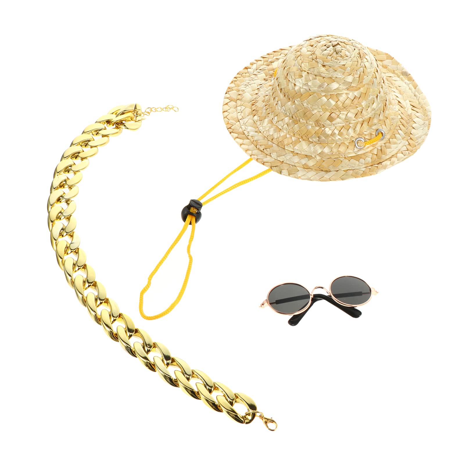 Dog Cat Costume Accessories Pet Gold Chain Collar Cuban Link Chain Necklace Straw Hat Sunglasses for Small Medium Large Animal Cosplay Supplies