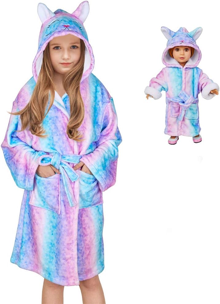 Kids Robe Unicorn Hooded Sleepwear Fleece Bathrobe Matching Girl Doll Gift Bathrobe