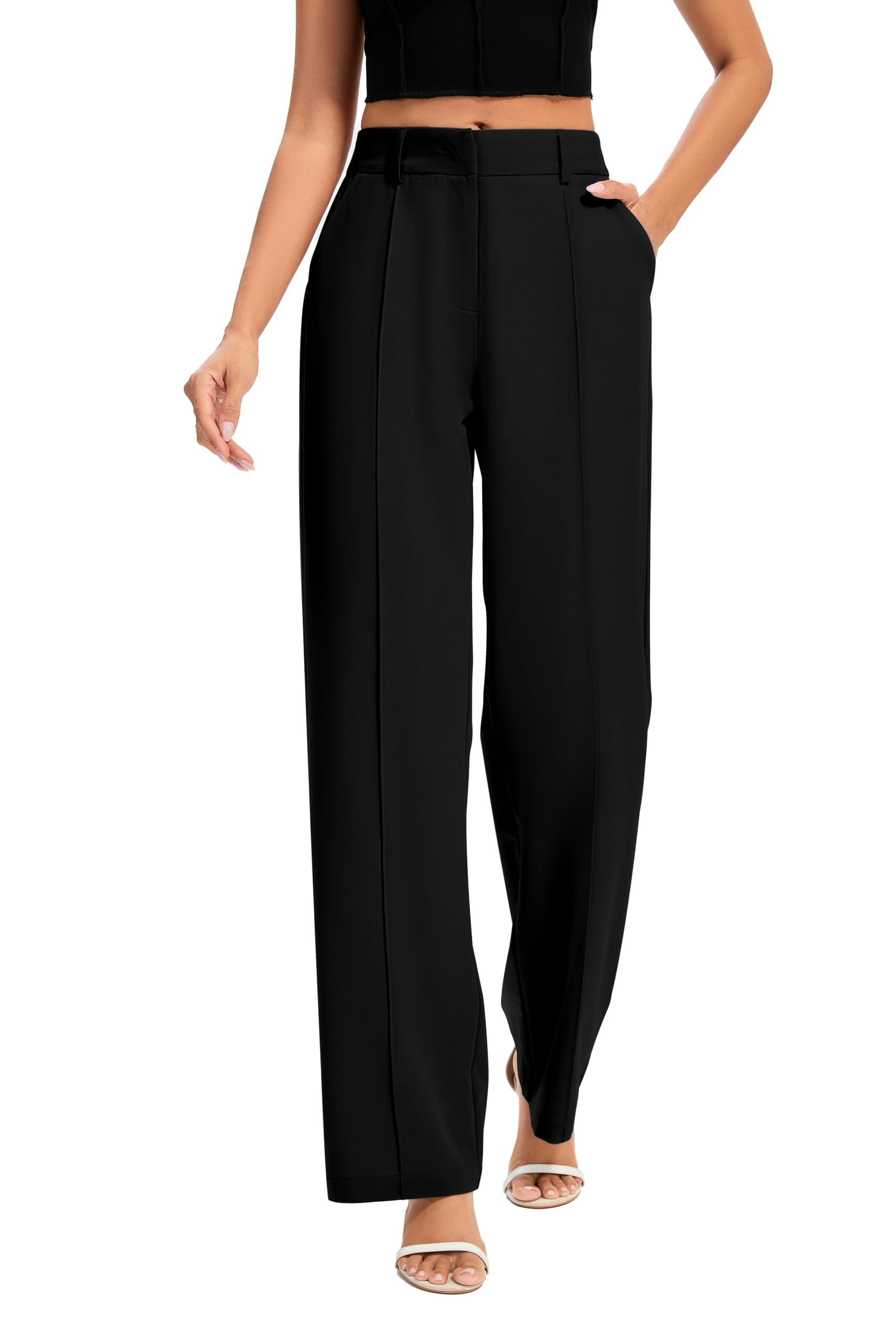 Photo 1 of FUNYYZO Women Dress Pants High Waisted Work Slacks Pants Dressy Casual Straight Leg Elastic Waist 2026 Summer Trousers Black