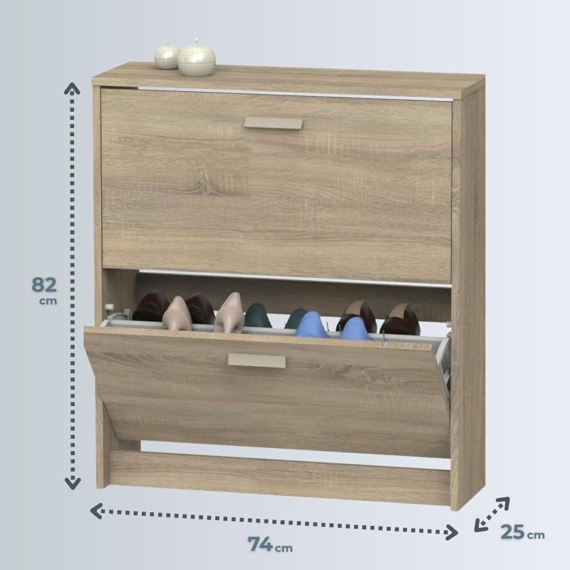 | Zapatero Recibidor Mueble Auxiliar Estrecho 2 Puertas para Entrada Roble Cambrian, 12 Pares de Zapatos, 82x74x25cm, Colección Tibet — foto 3 de 8