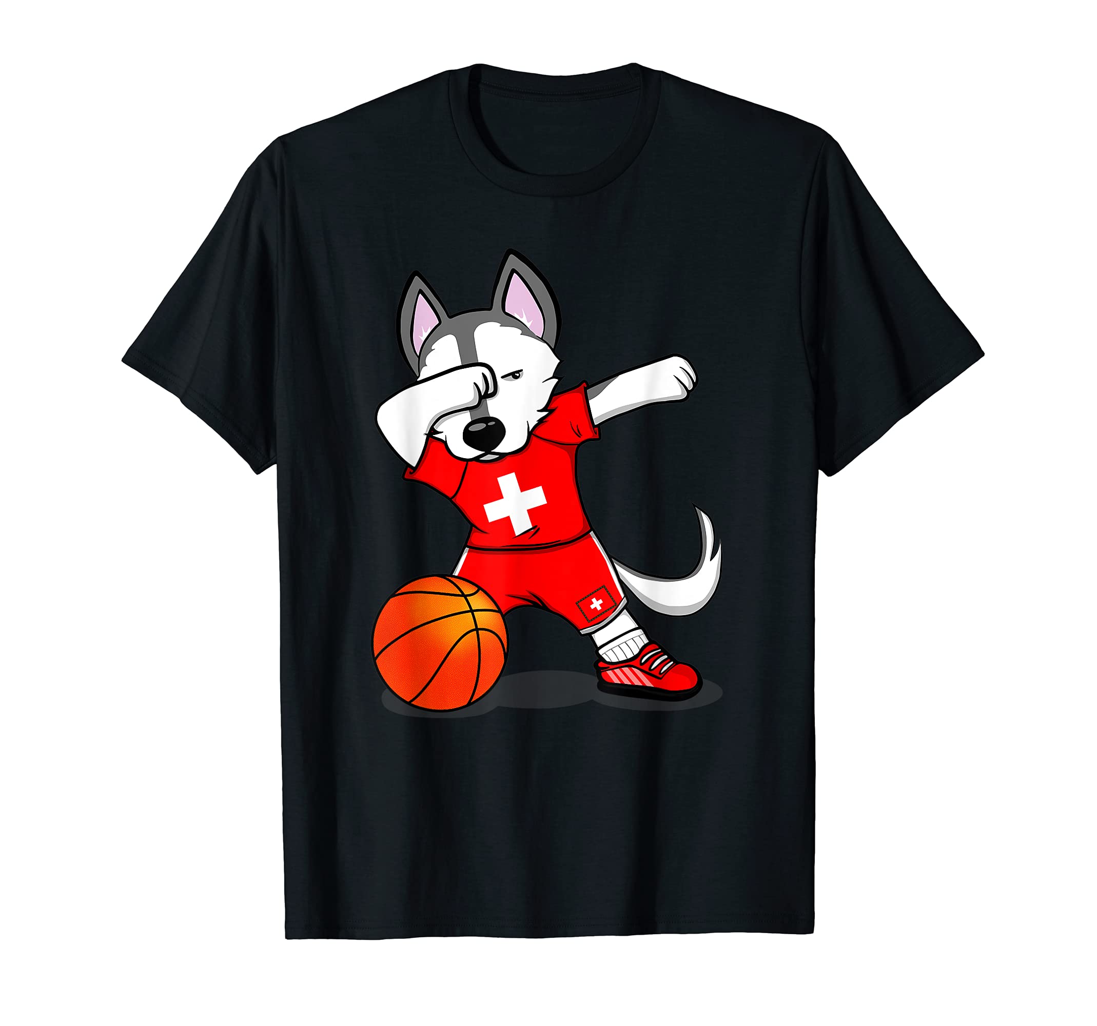 Dabbing Husky Switzerland Basketball Fans Jersey Swiss Flag T-Shirt