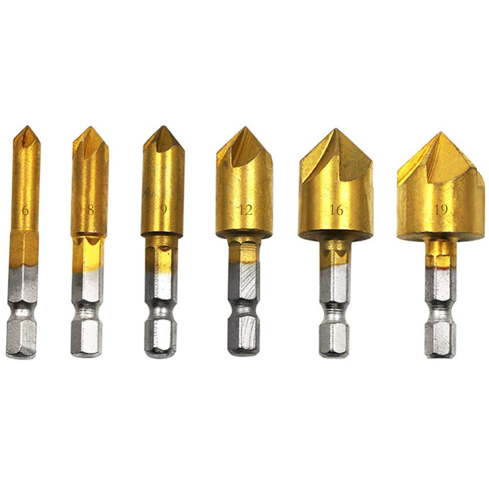 6Pcs Countersink Drill Bits,90 Degree Chamfering Drill Bit 1/4" Hex Shank Wood Drilling Bits 5 Flute HSS Titanium Coated Center Countersink Bits for Wood Quick Change Bit,6mm-19mm