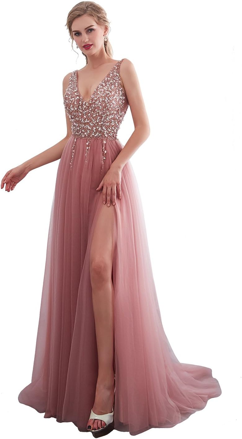 iLovewedding Women's V Neck High Slit Sequins Tulle Long Evening Gown