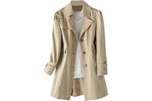 Women Single Breasted Mid-Length Trench Coat Long Sleeve Notched Lapel Overcoat Windproof Classic Outerwear with Pockets