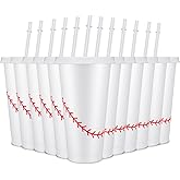 Domensi 12 Pcs White Baseball Sport Ball Plastic Tumbler with Lid and Straw 24oz Reusable Plastic Cups Gifts for Fan Friend Birthday Sport Party Gifts Supplies
