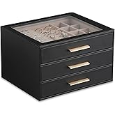 Frebeauty Clear Lid Jewelry Box,3-Layer Jewelry Organizer with Drawer,PU Leather Jewelry Organizers and Storage,Jewelry Boxes for Women,Jewelry Storage for Rings Earring Stud,Gift for Women(Black)