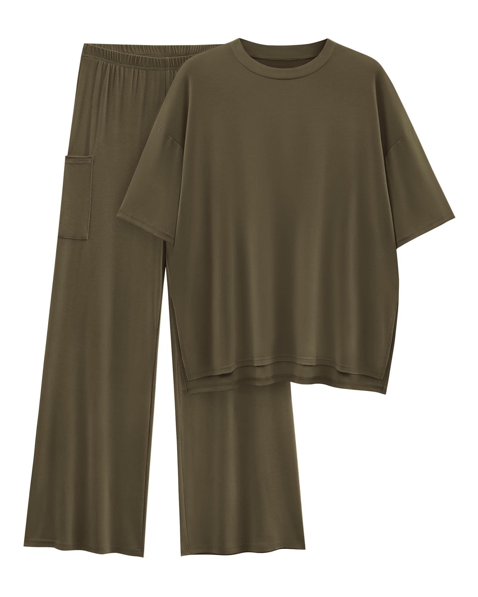 Photo 1 of ***only the shirt**KIRUNDO Lounge Sets for Women 2025 Casual Summer Oversized Short Sleeve Shirts Tops and Wide Leg Pants Sets Clothing Maternity Lounge Set(Army Green, Large)