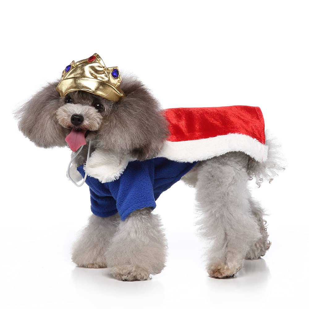 PAPIEEED Winter Dog Costume with Crown Cape, Warm Puppy Rompers Jumpsuit Apparel Emperor Dog Cosplay for Christmas Birthday Party Photo Props