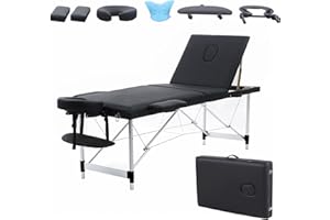 VIRRMO Portable Massage Table, 84 Inch Massage Bed with Neck Stretcher Adjustable Lash Bed Massage Bed Tattoo Table for Eyelash Extensions Beauty Spa Tattoo (Aluminum, Black-3 Fold)