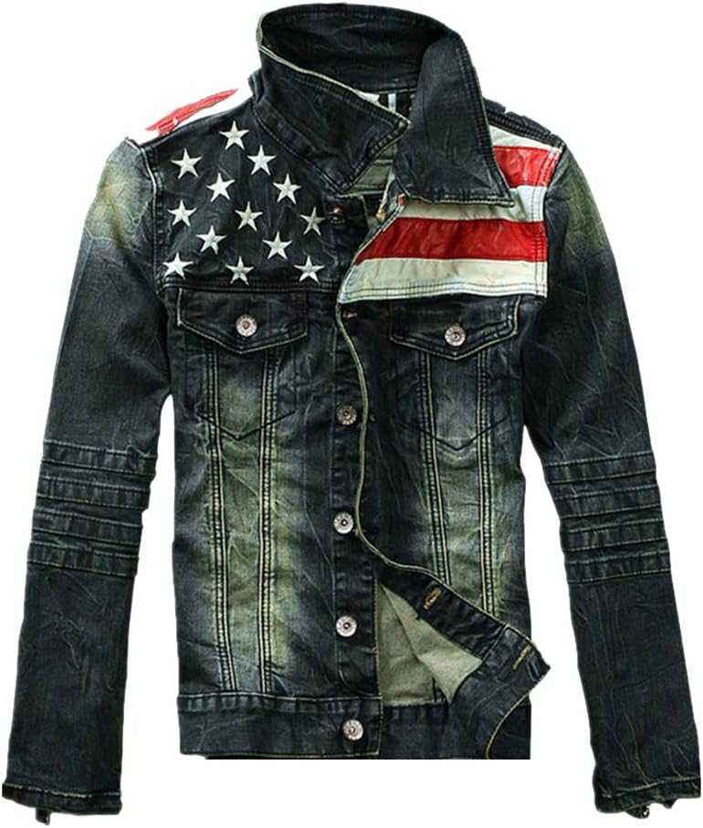 Jinmen Men's Rugged Wear Unlined Denim Jacket USA American Flag Jean Jacket