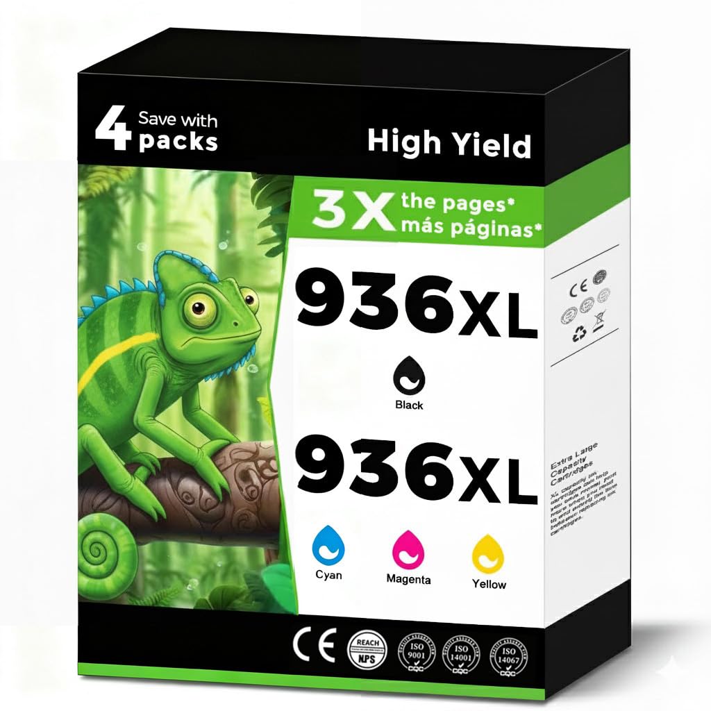 Photo 1 of 936XL (936e) Ink Cartridges Combo Pack Replacement for HP 936 e XL for OfficeJet 9122e Pro 9125e 9130e 9135e 9120b 9120e 9128e 9110b 9110e 9128 9130 9130b 9135 for HP936 Black Cyan Magenta Yellow