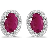 10k White Gold Oval Ruby And Diamond Earrings