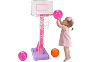 QIRPTEY Toddler Girl Basketball Hoop Indoor Pink Adjustable Mini Basketball Goal with Ball Pump for Outdoor Poolside Toys Backyard Game Outside Basketball Toy for Kids Age 3-5 6 7 4-8 Birthday Gift