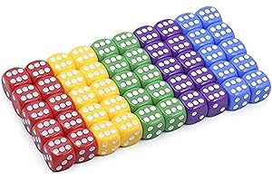 YOLAGGOY 50 Pieces 16MM Standard Game Dice Set，5 Colors 6-Sided Acrylic Game Dice for Board Games Teaching Math Classroom（Rou