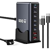 500W Fast Charging 8 Port USB C Charger Block with Nylon Fast Charging Cable, Multi-Device Charging Station Wall Desktop Charger with GaN Ⅲ Technology, USB-C Charger Adapter for MacBook/iPad/iPhone 17