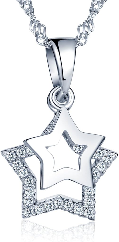 Infinite U 925 Sterling Silver Cubic Zirconia Unique Double Stars Pendant Girls/Women Necklace