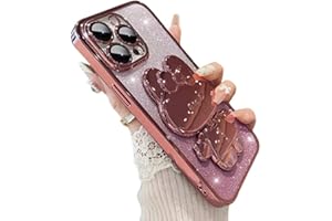 Aulzaju for iPhone 14 Pro Max Case Cute Rabbit Mirror Stand,14 Pro Max Phone Case Plating Bling Glitter Soft Silicone Bumper Sparkle Gradient Girly Cover for iPhone 14 Pro Max for Women Girls Pink