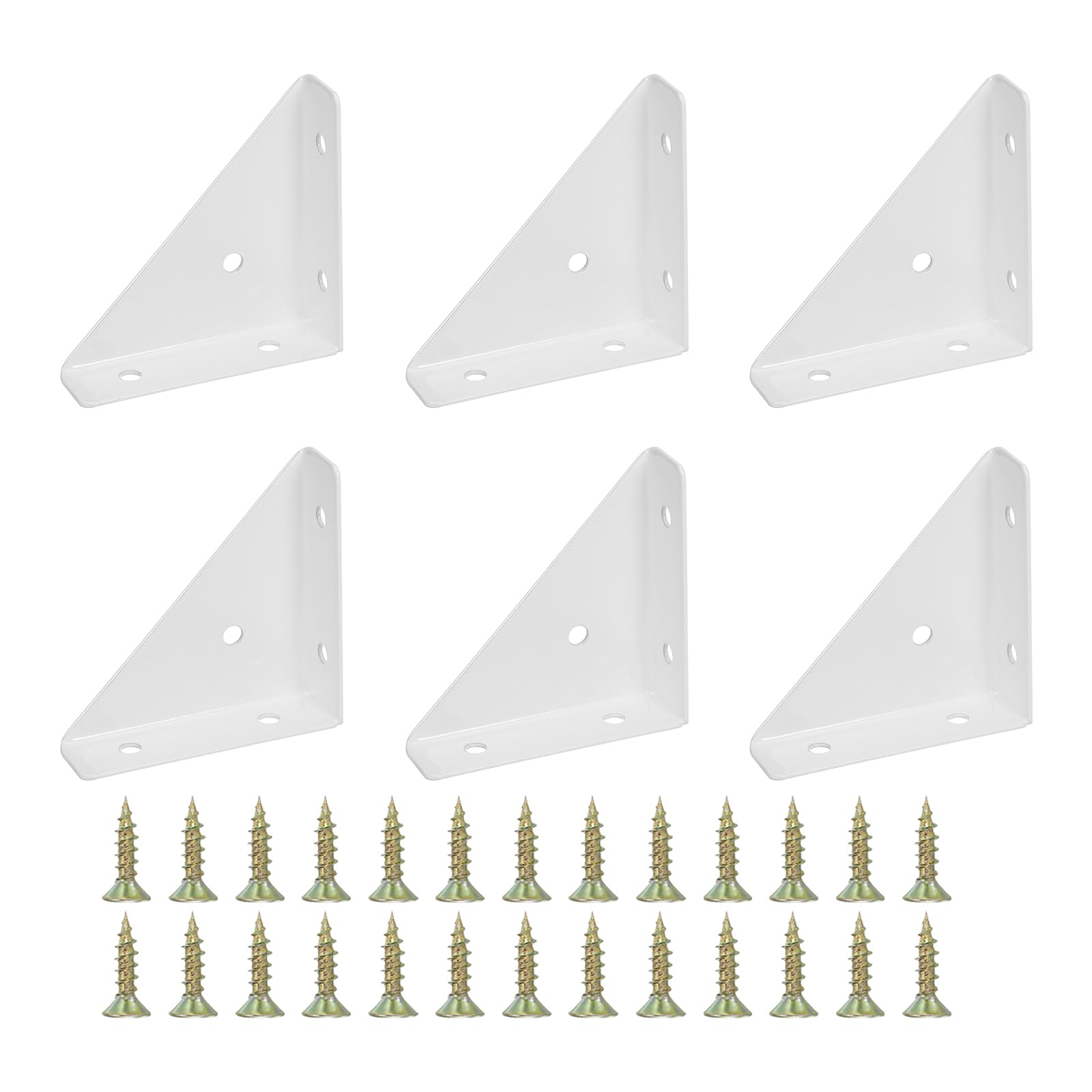 PATIKIL Corner Braces 2.6 x 2.6 Inch, 6 Pieces Triangle Shelf Bracket Joint Right Angle Bracket Cold Rolled Steel Braces Joining Support with Screws for Desk Bed Edge, White