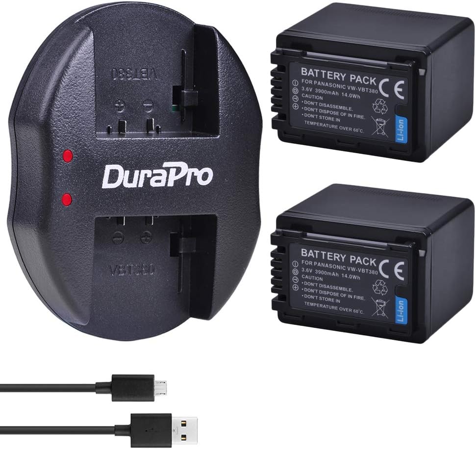DuraPro 2Pcs 3900mAh VW-VBT380 VBT380 Battery + Micro Dual USB Charger for Panasonic VW-VBT380 VW-VBT190;HC-V180 V210 V250 V380 V500 V707 V727 V750 V770 VX870 VXF999 W850 WX970 Cameras