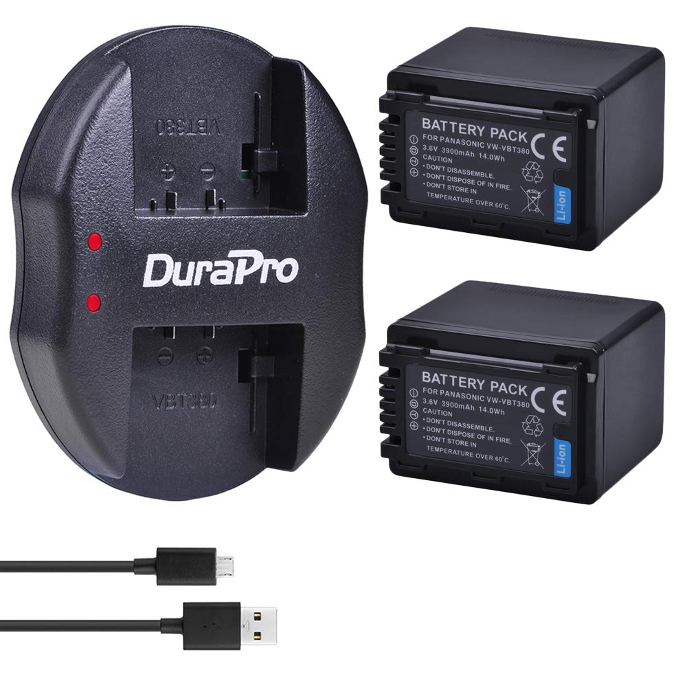 DuraPro 2Pcs 3900mAh VW-VBT380 VBT380 Battery + Micro Dual USB Charger for Panasonic VW-VBT380 VW-VBT190;HC-V180 V210 V250 V380 V500 V707 V727 V750 V770 VX870 VXF999 W850 WX970 Cameras