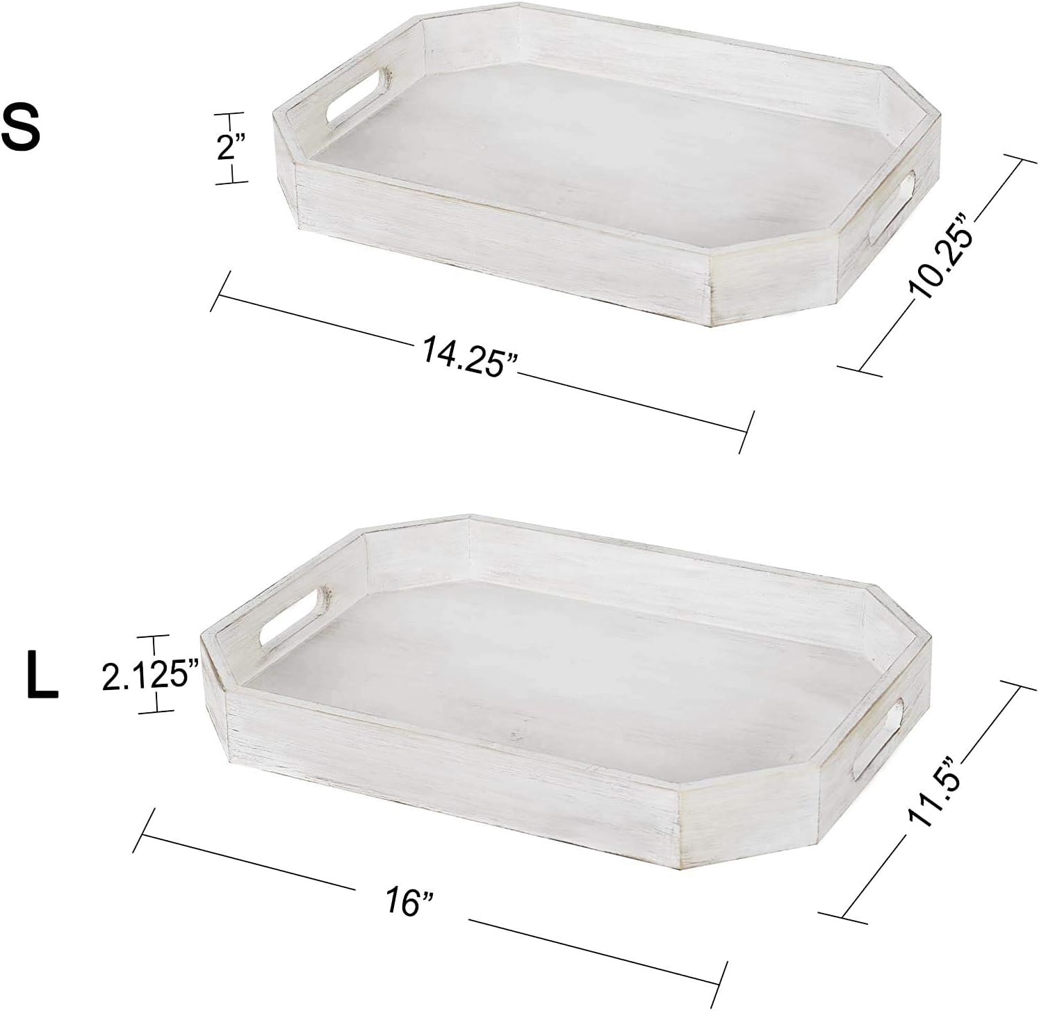  | 2PCS Octagonal Natural Wood Finish Serving Tray with Cutout Handles and Angled Edges, Antique Whitewash Food Tray, Rustic Ottoman display Platter: Serving Trays