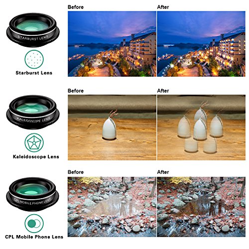 Phone Camera Lens Kit, 9 in 1 Zoom Universal Telephoto Lens+198° Fisheye lens + 0.36 Super Wide Angle Lens + 0.63X Wide Lens +20X Macro Lens + 15X Macro Lens + CPL + Kaleidoscope Lens + Starburst Lens