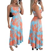 CHICME Womens Summer Dresses Cut Out Boho Maxi Sundress | Square Neck Detail, Sleeveless Design, Flowy A Line Fit, Floral Print, Beach Vacation Wear, Garden Party Style
