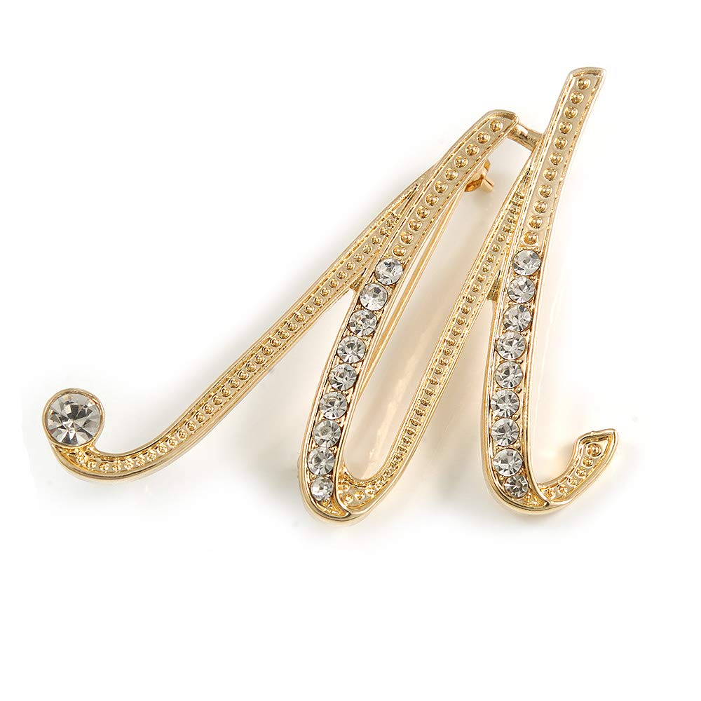 'M' Gold Plated Clear Crystal Letter M Alphabet Initial Brooch Personalised Jewellery Gift - 40mm Tall