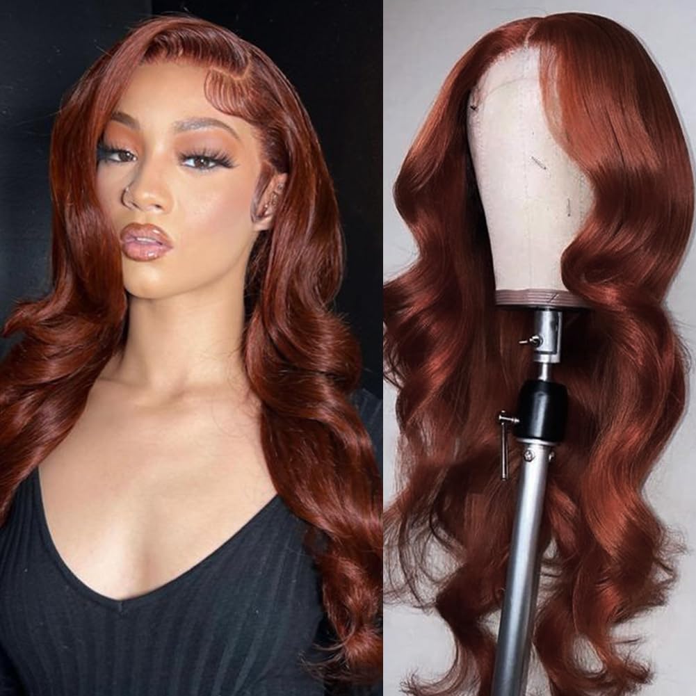 DÉBUT Bright Reddish Brown Body Wave Lace Front Wig Human Hair 4×4 Lace Front Wigs for Women HD Lace Front Wig Human Hair 180% Density Pre Plucked with Baby Hair Glueless Wigs (14 inches, 33A)