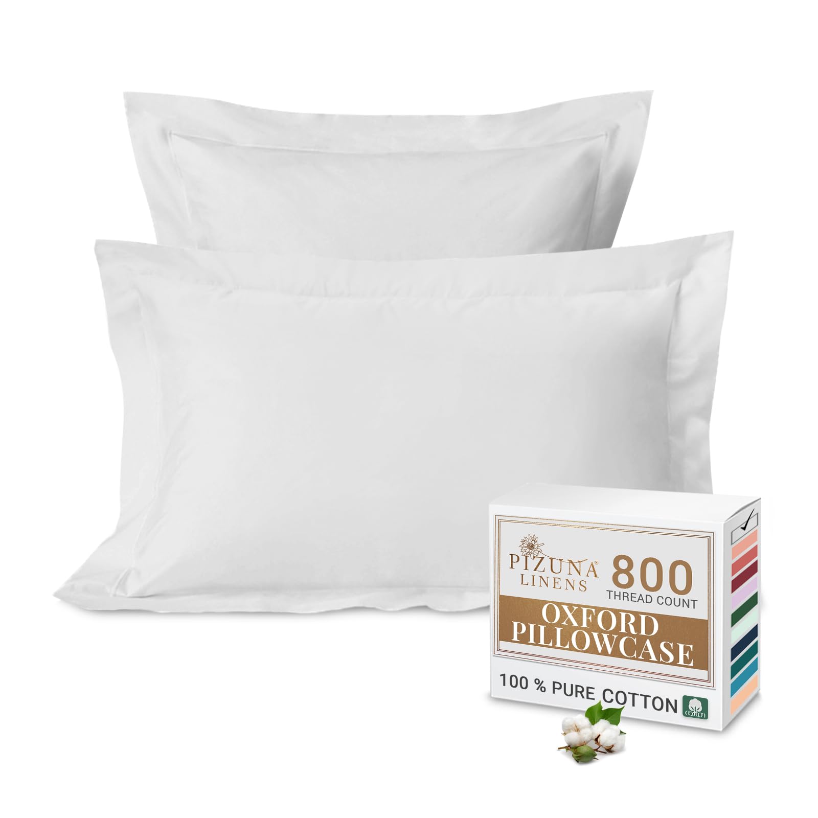 Pizuna Luxurious Cotton Standard Pillowcases 2 Pack White 50x75cm, 800 Thread Count Long Staple Combed Cotton Pillow Cover, Crisp Sateen Weave Oxford Pillow Cases (Luxury Pillowcase 2 PC)