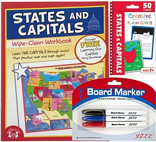States & Capitols Flashcards with Wipe Clean States & Capitol Workbook and Red Calendar Zipper bag for easy storage