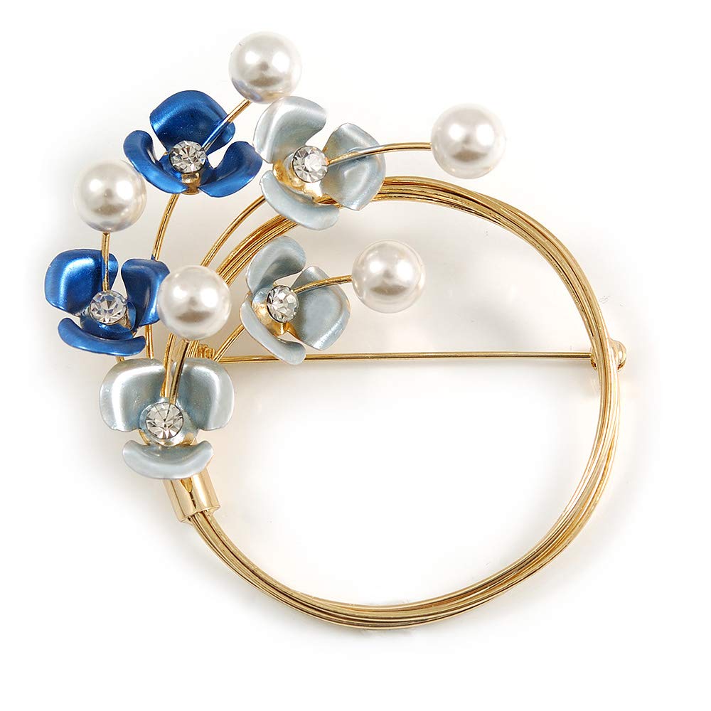 Blue/Pale Blue Flower, Pearl Wreath Brooch In Gold Tone -70mm Across