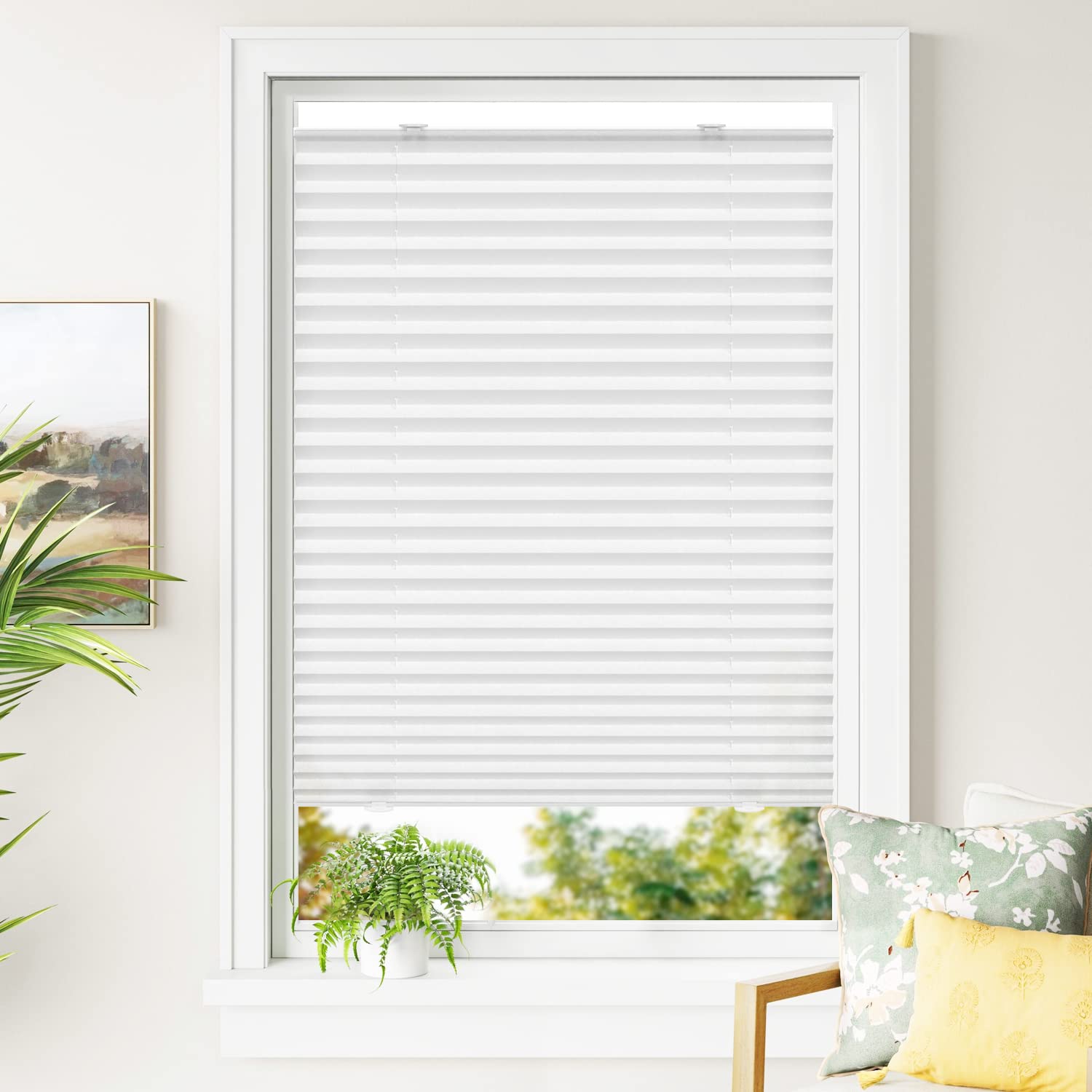 Photo 1 of LazBlinds Tool-Free Cordless Pleated Shades with Suction Cups Light Filtering Top Down Bottom Up Pleated Blinds for Windows Size 29" W X 64" H, Non-Woven White